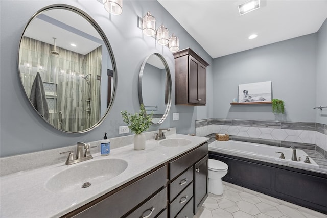 full bath featuring double vanity, a stall shower, a garden tub, and a sink