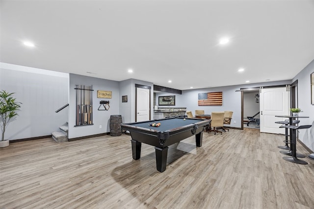 recreation room featuring recessed lighting, baseboards, light wood-style flooring, and billiards