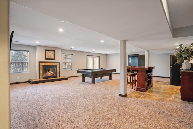 playroom with recessed lighting, carpet floors, pool table, and a fireplace