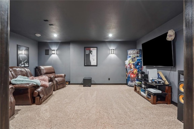 cinema room with recessed lighting, baseboards, and carpet floors