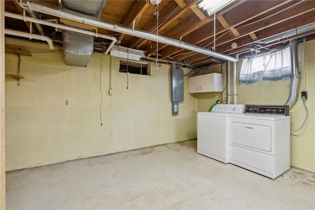 basement featuring electric panel and washer and clothes dryer