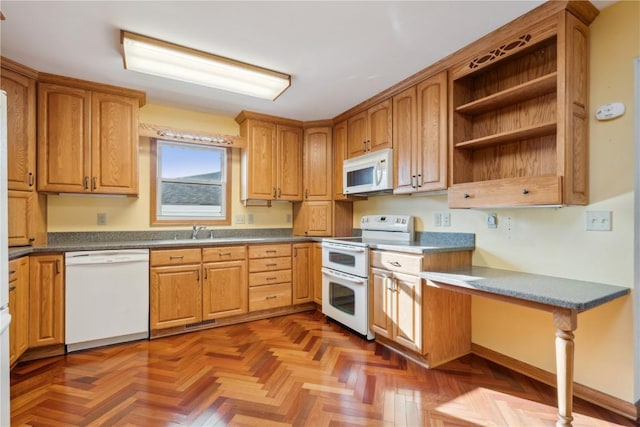 kitchen featuring a sink, open shelves, white appliances, and dark countertops