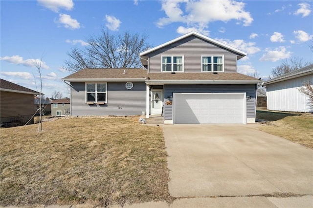 traditional-style home featuring a front lawn, an attached garage, driveway, and a shingled roof