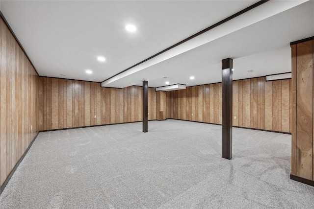 2261 Creekside Rd, Springville, IA 52336 - finished basement featuring carpet flooring, wood walls, recessed lighting, and baseboards