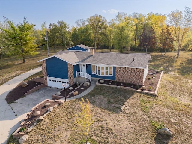 single story home with a garage, concrete driveway, and a chimney