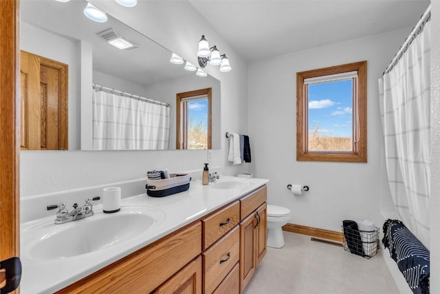 full bath with a sink, visible vents, baseboards, and double vanity