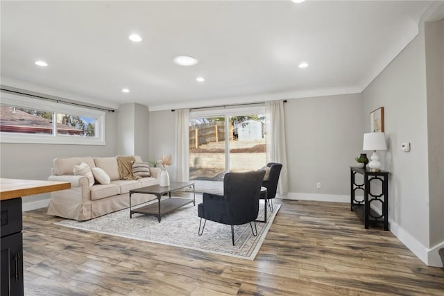 living room with recessed lighting, baseboards, and wood finished floors