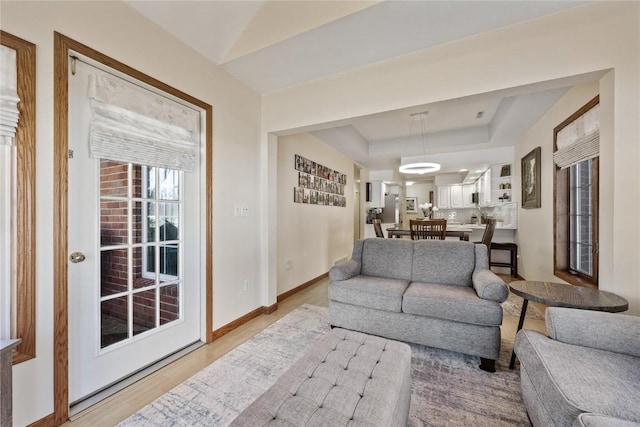 living area featuring baseboards, a raised ceiling, and light wood finished floors