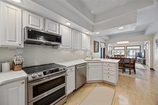 kitchen with a peninsula, a sink, stainless steel appliances, white cabinets, and a raised ceiling