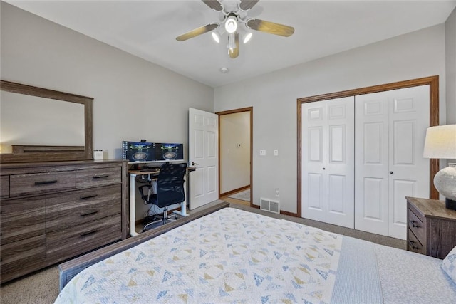 bedroom with baseboards, visible vents, a closet, and ceiling fan