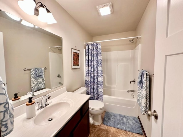 full bathroom with visible vents, vanity, toilet, and shower / tub combo