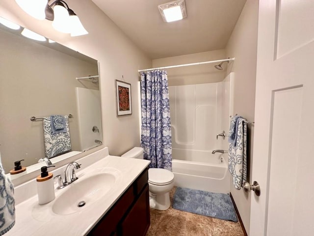 full bathroom featuring vanity, shower / tub combo, and toilet