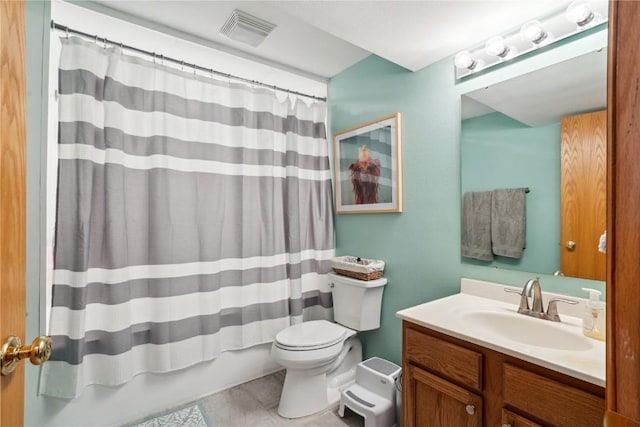 bathroom with vanity, toilet, a shower with curtain, and visible vents