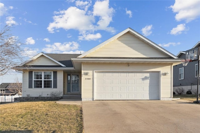 single story home with a garage, concrete driveway, and a front lawn