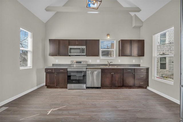 kitchen with a sink, baseboards, dark brown cabinetry, and appliances with stainless steel finishes