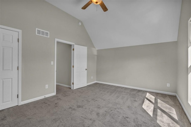 bonus room with lofted ceiling, carpet flooring, a ceiling fan, and visible vents