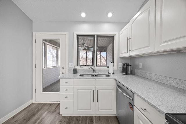 kitchen featuring baseboards, white cabinetry, a sink, dark wood-type flooring, and stainless steel dishwasher