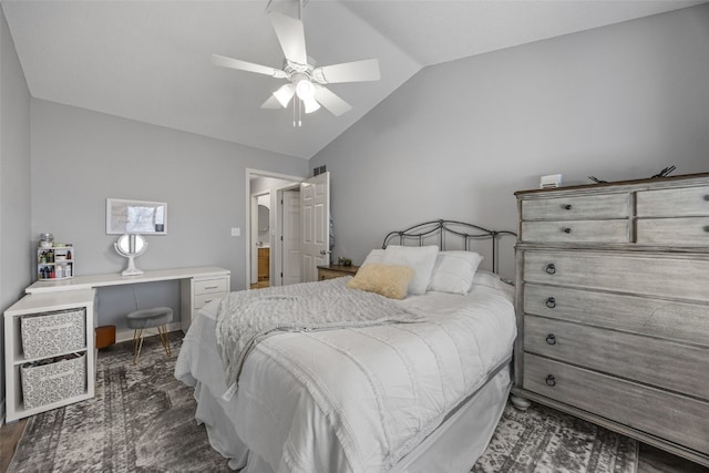 bedroom featuring lofted ceiling and a ceiling fan