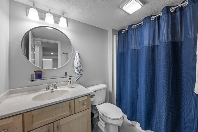 bathroom with toilet, a textured ceiling, vanity, and a shower with curtain