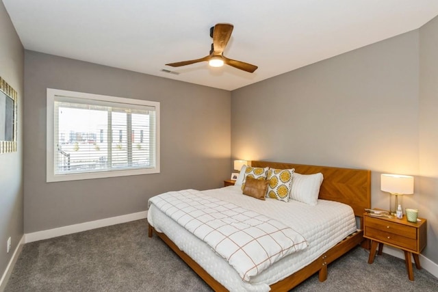 bedroom featuring a ceiling fan, carpet flooring, baseboards, and visible vents