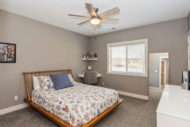 bedroom with visible vents, baseboards, a ceiling fan, and carpet flooring