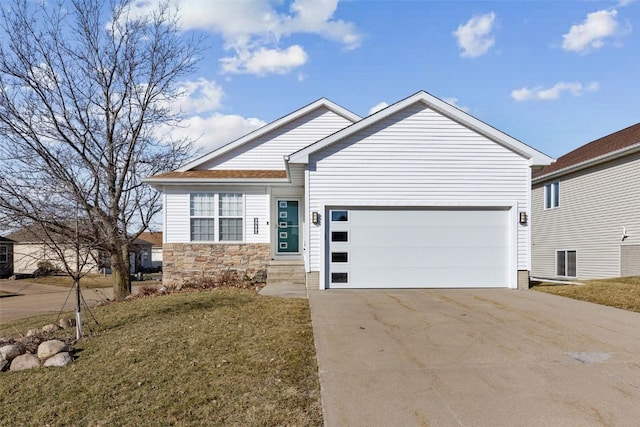 ranch-style home with concrete driveway, an attached garage, and stone siding