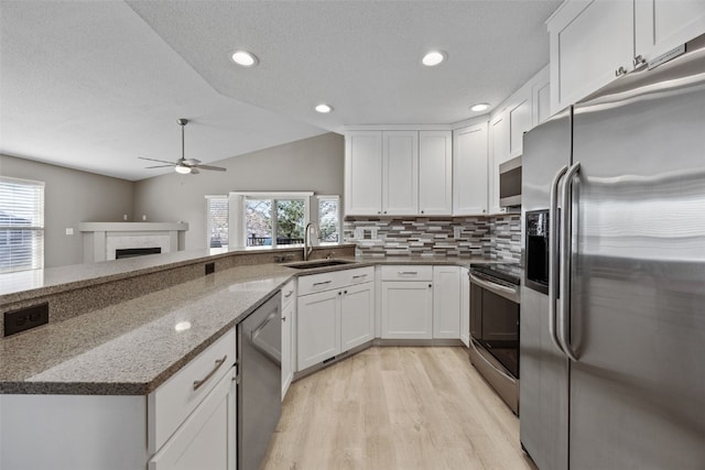 kitchen featuring ceiling fan, a healthy amount of sunlight, appliances with stainless steel finishes, and a sink