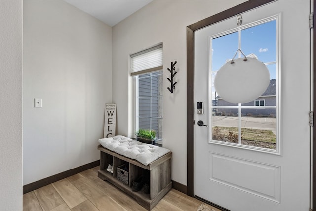 doorway to outside featuring light wood-style floors, baseboards, and a wealth of natural light