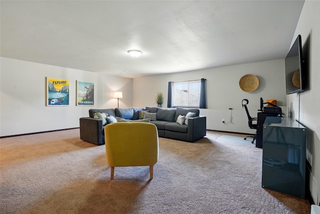 living room with carpet flooring and baseboards