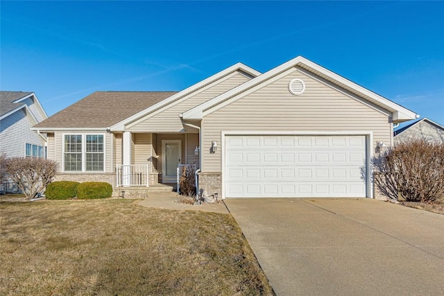 ranch-style house featuring brick siding, a front lawn, concrete driveway, roof with shingles, and an attached garage