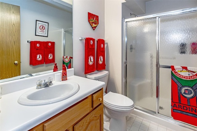 bathroom with tile patterned floors, a stall shower, toilet, and vanity