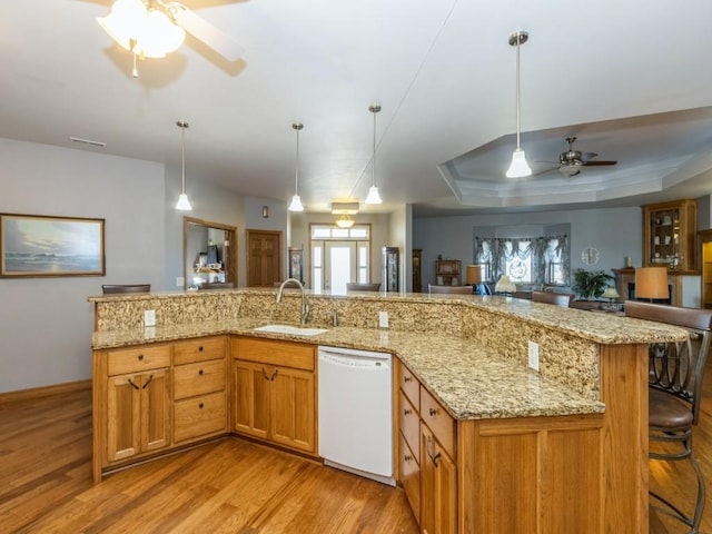 kitchen featuring a sink, open floor plan, a raised ceiling, dishwasher, and ceiling fan