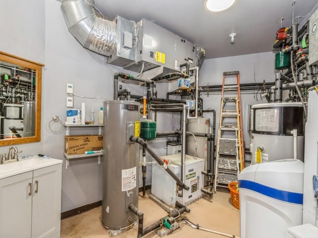utilities with a sink, electric water heater, a heating unit, and water heater