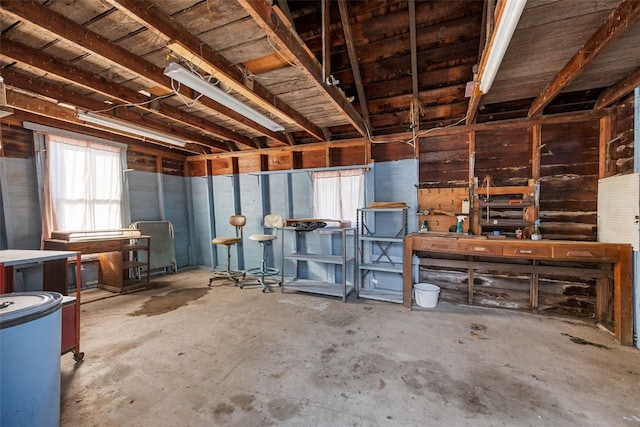 basement with a workshop area