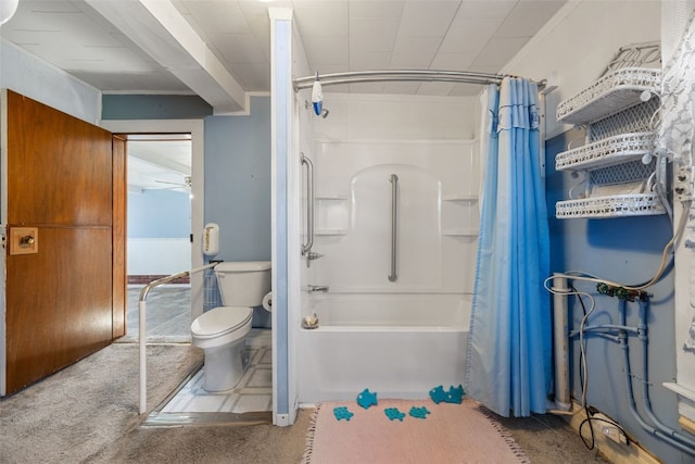 full bath with toilet and shower / bathtub combination with curtain