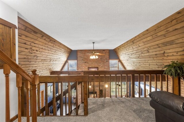 3098 Sandy Beach Rd NE, Solon, IA 52333 - corridor with plenty of natural light, carpet, wood walls, and a textured ceiling