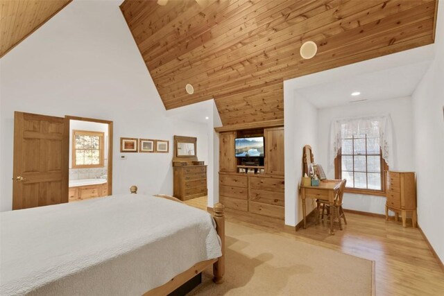 3098 Sandy Beach Rd NE, Solon, IA 52333 - bedroom with high vaulted ceiling, recessed lighting, wood ceiling, light wood-style floors, and connected bathroom