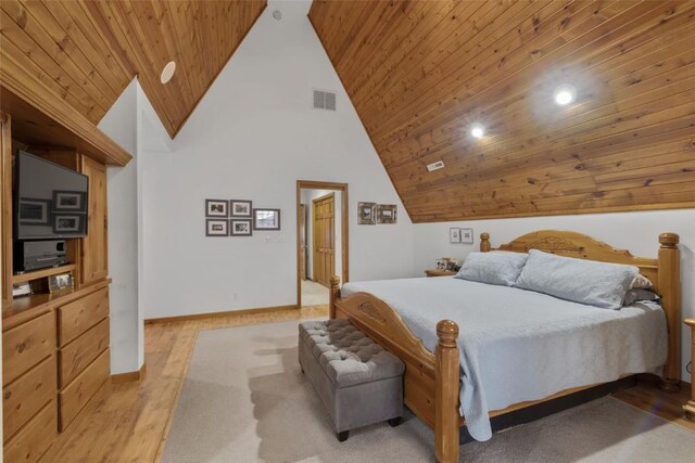 3098 Sandy Beach Rd NE, Solon, IA 52333 - bedroom featuring baseboards, visible vents, high vaulted ceiling, wooden ceiling, and light wood-type flooring