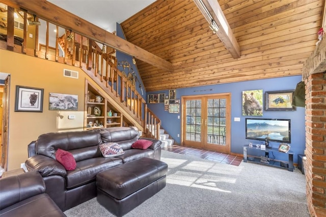 3098 Sandy Beach Rd NE, Solon, IA 52333 - living room featuring stairway, visible vents, carpet floors, wooden ceiling, and beamed ceiling