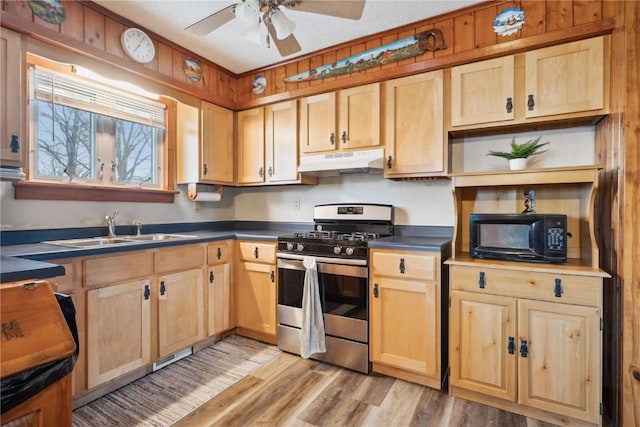 206 E Jackson St, Grandview, IA 52752 - kitchen featuring dark countertops, black microwave, under cabinet range hood, stainless steel gas range, and a sink