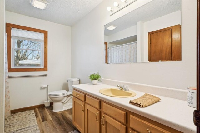 206 E Jackson St, Grandview, IA 52752 - full bathroom with vanity, wood finished floors, baseboards, a textured ceiling, and toilet