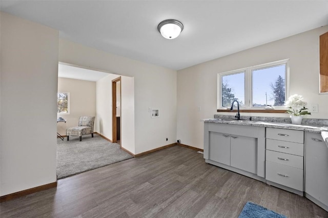 kitchen with a sink, baseboards, and wood finished floors