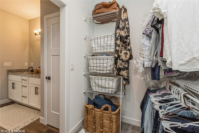 walk in closet featuring a sink and wood finished floors