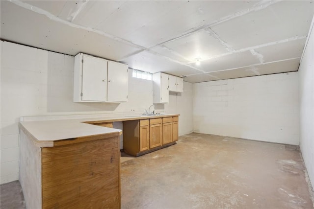 below grade area with concrete block wall and a sink