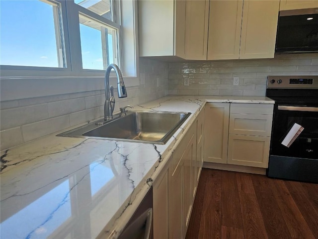 7936 217th Ave, Martelle, IA 52305 - kitchen with stainless steel electric stove, a sink, decorative backsplash, white cabinets, and dark wood finished floors