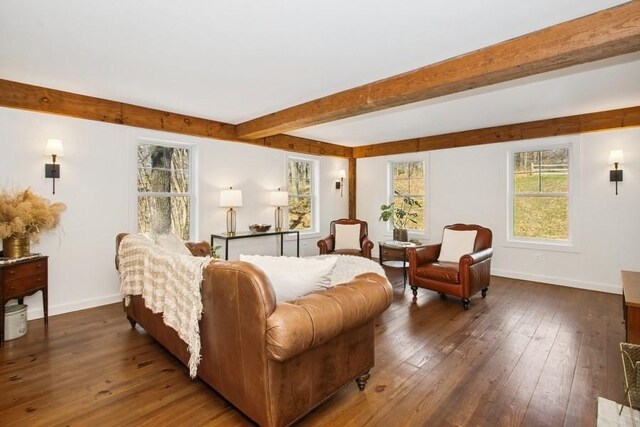 interior space with hardwood / wood-style floors, baseboards, and beam ceiling