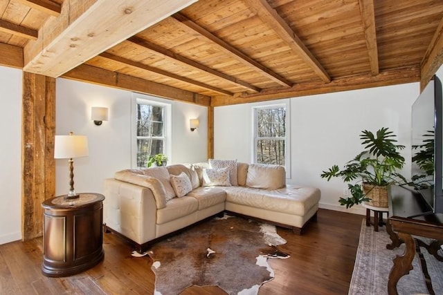 living area featuring beam ceiling, wooden ceiling, hardwood / wood-style flooring, and a wealth of natural light