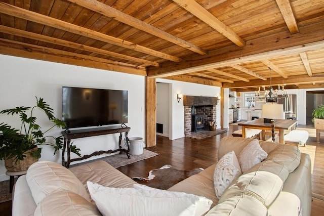 living room featuring wood ceiling, beamed ceiling, and wood finished floors