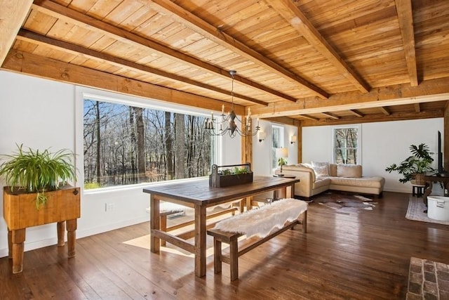 dining room featuring wood ceiling, hardwood / wood-style flooring, a chandelier, baseboards, and beamed ceiling