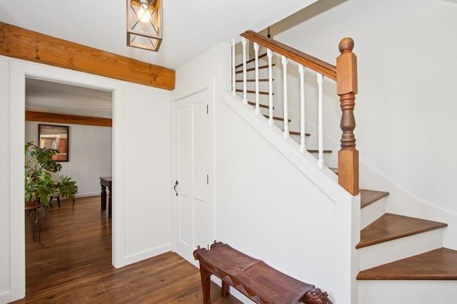 stairway with baseboards and wood finished floors